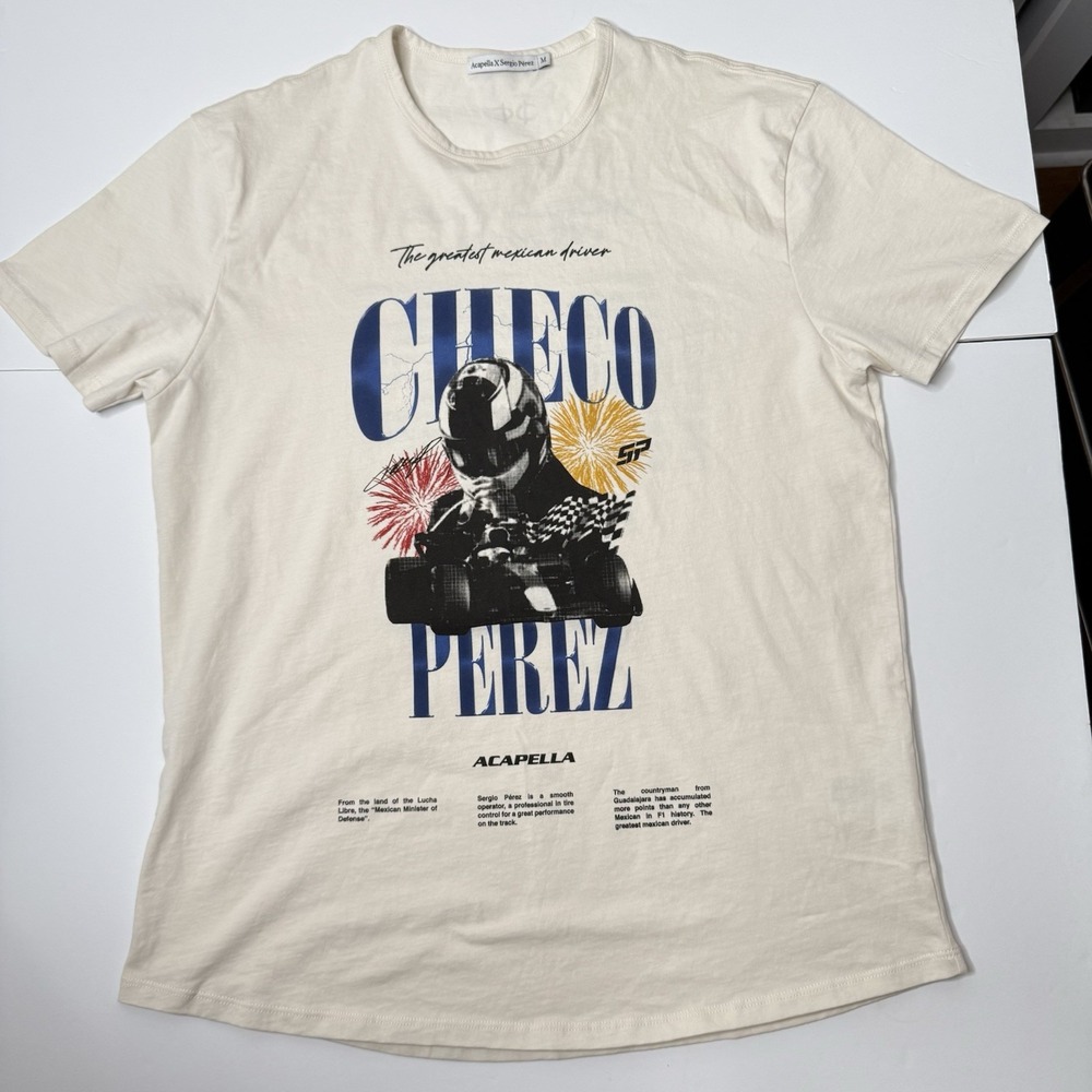 Vintage Acapella X Sergio Perez T Shirt Men's Medium Beige World Tour Formula 1